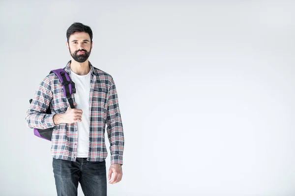 Estudante barbudo com mochila — Fotografia de Stock