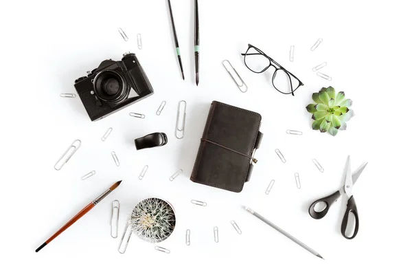 Camera and office supplies — Stock Photo