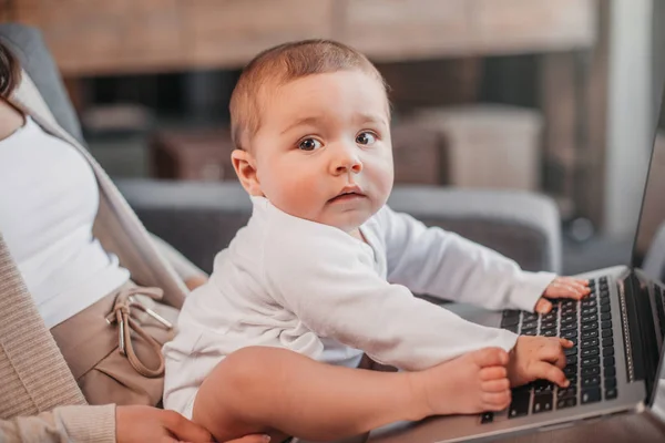 Junge sitzt und erkundet Laptop — Stockfoto