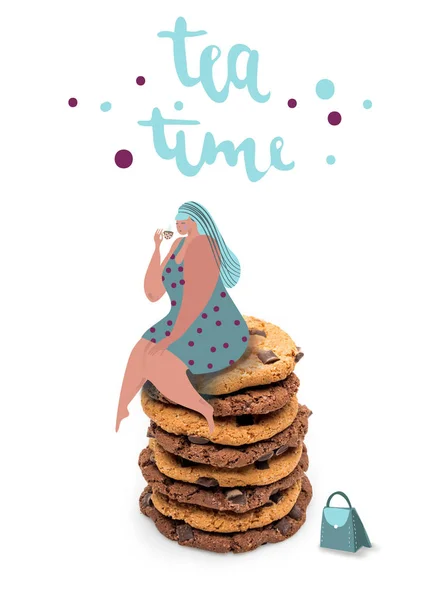 Fat woman sitting on stack of cookies — Stock Photo