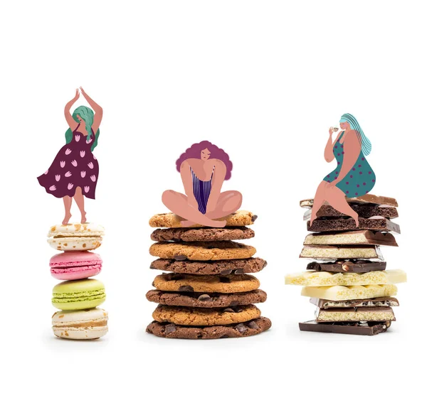Fat women on piles of sweets — Stock Photo
