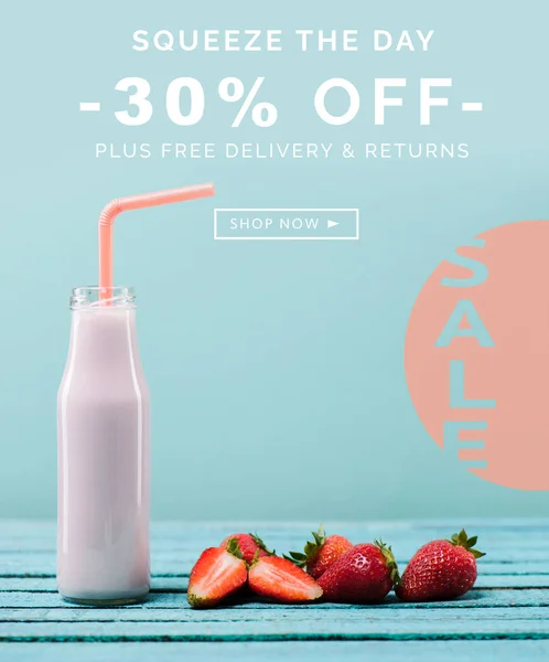 Sale banner with milkshake and strawberries — Stock Photo