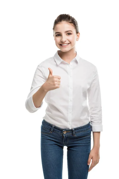 Caucasian teenage girl showing thumb up — Stock Photo