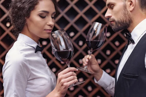 Sommeliers tasting wine in cellar — Stock Photo