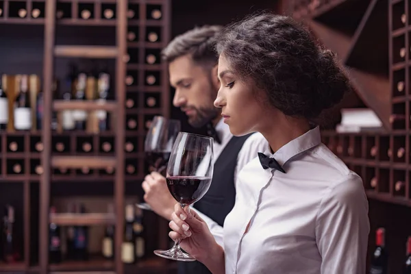 Sommeliers tasting wine in cellar — Stock Photo