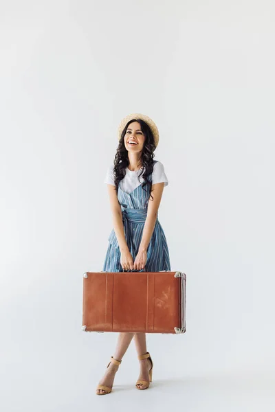 Femme avec valise rétro — Photo de stock