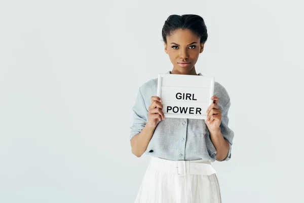 African american woman with girl power board — Stock Photo