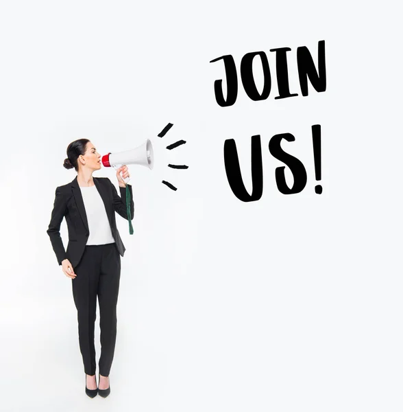 Businesswoman holding megaphone — Stock Photo