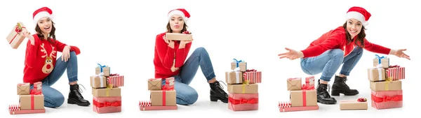 Женщина, сидящая на полу с рождественскими подарками — стоковое фото