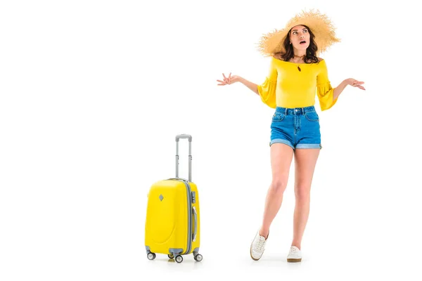 Woman with luggage shredding shoulders — Stock Photo
