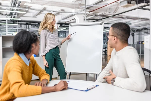 Young manageress making presentaion for business partners — Stock Photo