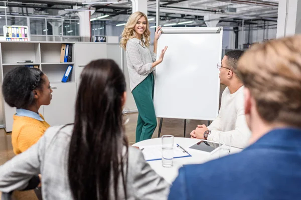 Young manageress making presentaion with whiteboard for business partners — Stock Photo