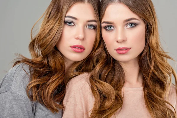 Retrato de hermosas hermanas gemelas mirando a la cámara aislada en gris - foto de stock