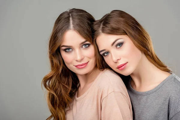 Retrato de hermanas gemelas atractivas mirando a la cámara aislada en gris - foto de stock