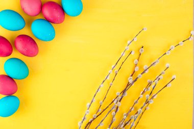 Renkli Paskalya yumurtaları ve renkli bir arka plan üzerinde söğüt