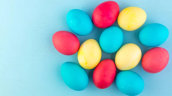 Colored easter eggs and willow on a colored background