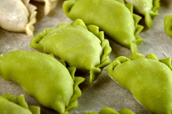 Dumplings Ravioli Spinach Green Dough Home Made Cooking Isolated Black — Stock Photo, Image