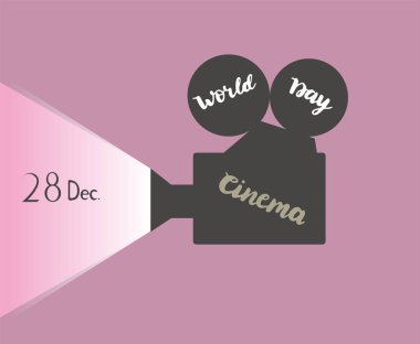 Vektör illüstrasyon siluet sinema kamera ile el yazısı metin tebrik dünya sinema günü için. 28 Aralık.