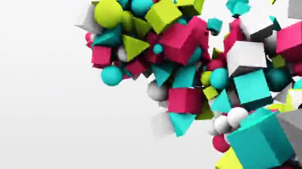 3D rörlig grafik, dynamiska geometrisk form kuber, kottar, kulor och andra. Abstrakt bakgrund — Stockvideo
