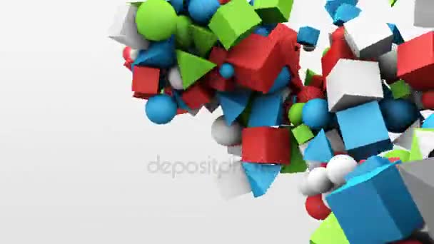 3d motion graphics, dynamic geometric shape cubes, cones, spheres and other. Abstract background — Stock Video