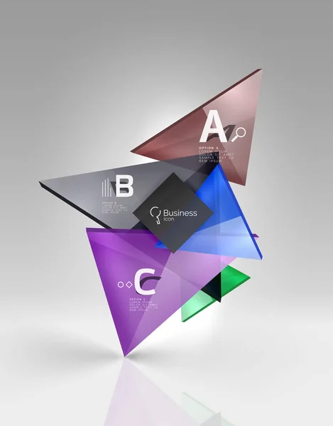 Glanzende glazen doorzichtige driehoeken op 3d lege ruimte — Stockvector