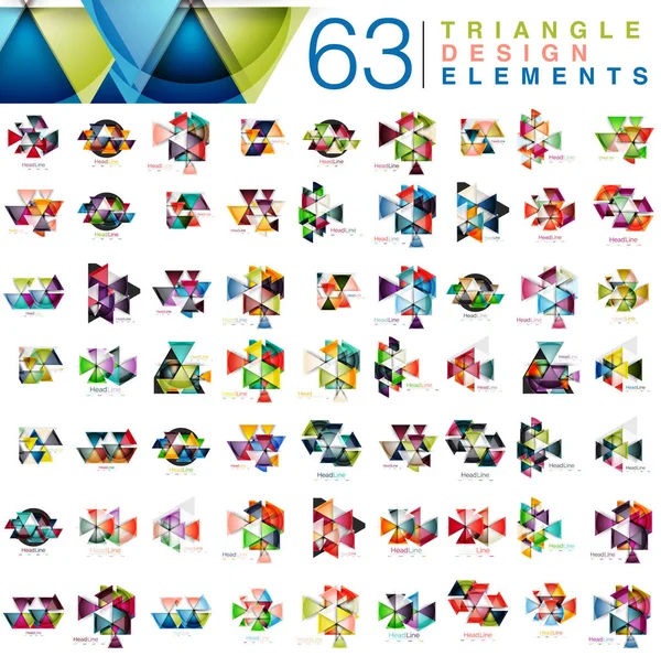 Mega sbírka 63 moderní barevné trojúhelníky abstraktní prvky — Stockový vektor