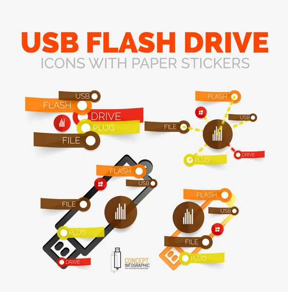 Conjunto de elementos de diagrama vetorial de ícones de unidade flash USB com adesivos de estilo de papel plástico para texto —  Vetores de Stock