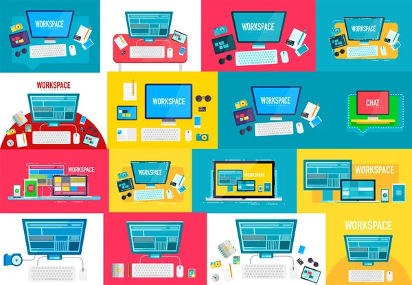 Colección de conceptos de espacio de trabajo vectorial, diseño moderno de estilo plano — Archivo Imágenes Vectoriales