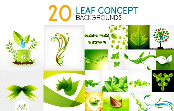 Mega colección vectorial de conceptos verdes, iconos de hojas, ideas de verano y primavera — Vector de stock