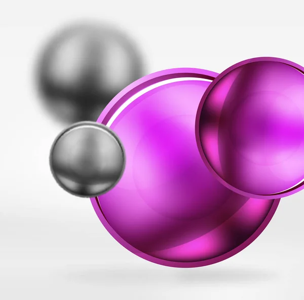 Esferas desfocadas técnicas e círculos redondos com superfície brilhante e metálica — Vetor de Stock