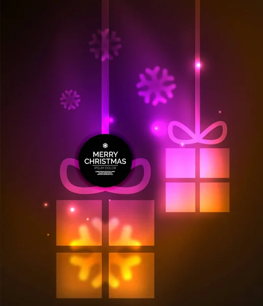 Светящиеся подарочные коробки со снежинками, шаблоны Рождества и Нового года — стоковый вектор