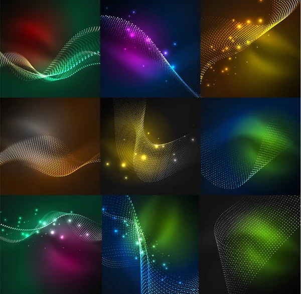 Glowing particle waves set — Stock Vector