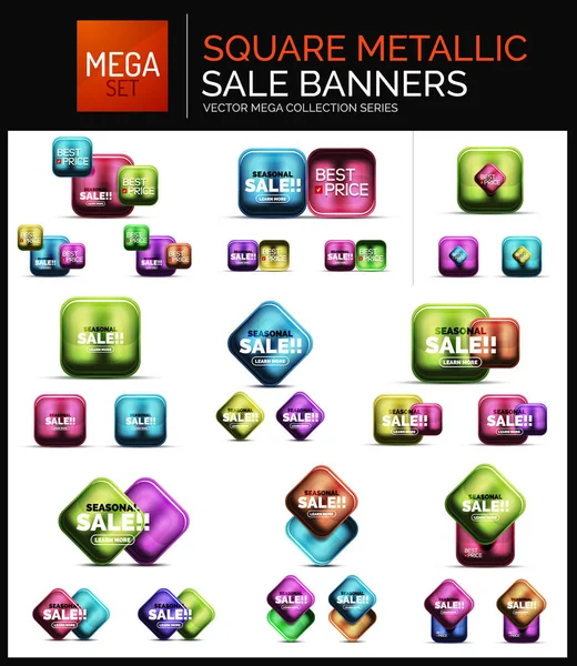 Mega set of square metallic sale buttons, banners or design elements — Stock Vector