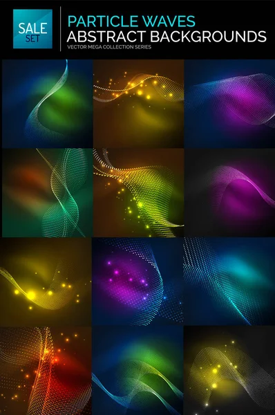 Abstract background set. Neon particles waves on dark, flowing curvy shapes — Stock Vector