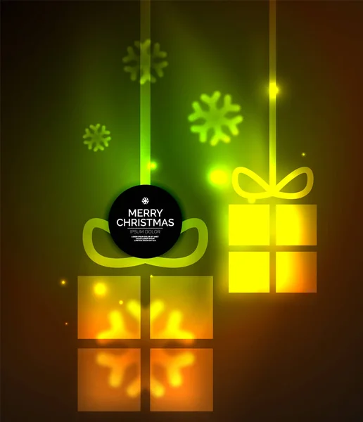 Светящиеся подарочные коробки со снежинками, шаблоны Рождества и Нового года — стоковый вектор
