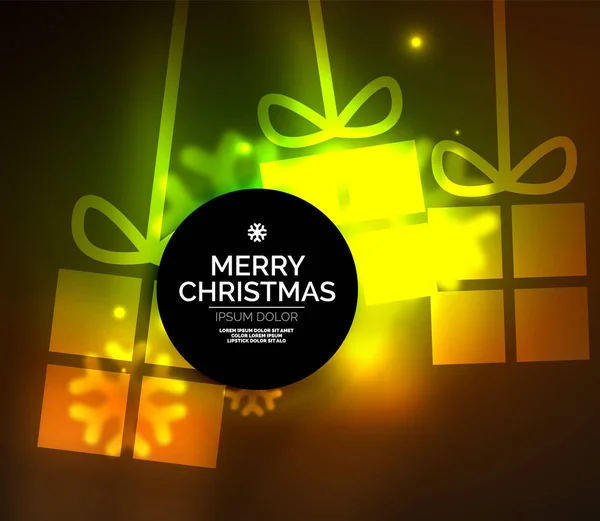 Ragyogó ajándék dobozok hópelyhek, karácsonyi és újévi sablon — Stock Vector