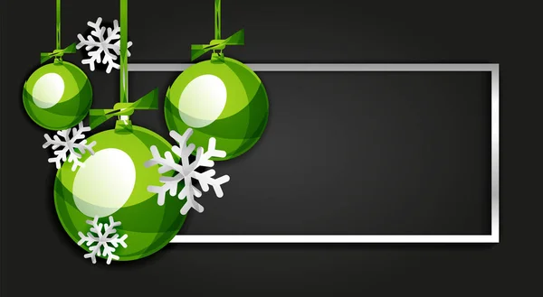 Tarjeta de banner de Navidad y Año Nuevo, bolas de Navidad, fondo negro — Archivo Imágenes Vectoriales