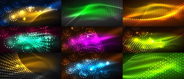 Mega collection of neon glowing particle waves — Stock Vector