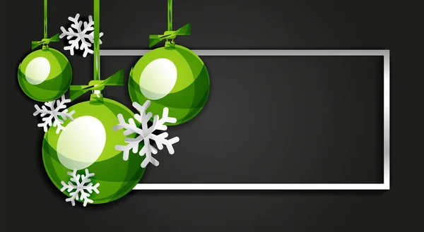 Bolas de Navidad, Feliz Año Nuevo banner, fondo negro — Archivo Imágenes Vectoriales