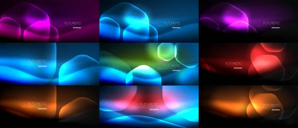 Aantal abstracte achtergronden - geometrische neon gloeiende glas zeshoeken ontwerpen — Stockvector