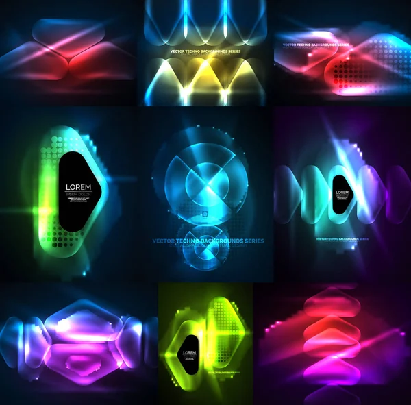 Reihe von leuchtenden abstrakten Formen neon glänzende Hi-Tech abstrakte Hintergründe — Stockvektor