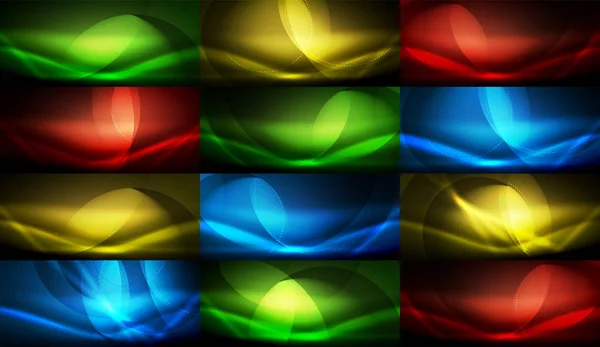 Set of vector neon flowing wave abstract backgrounds — Stock Vector