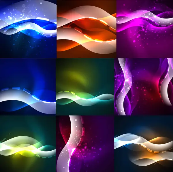 Collection of neon glowing particle waves — Stock Vector