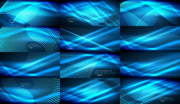 Set of blue neon smooth wave digital abstract backgrounds — Stock Vector