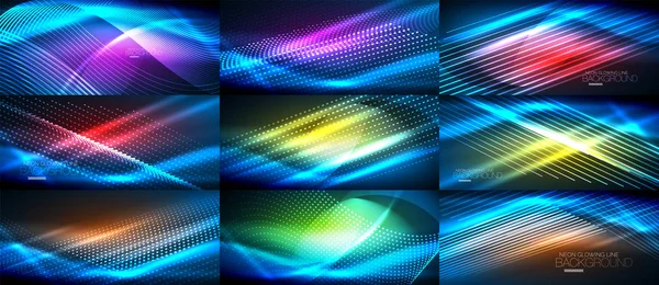青いネオン滑らかな波デジタル抽象的な背景のセット — ストックベクタ