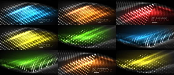 Set of neon smooth wave digital abstract backgrounds — Stock Vector