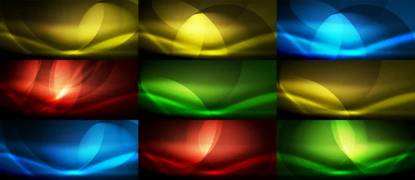 Conjunto de vetor neon fluxo onda fundos abstratos — Vetor de Stock