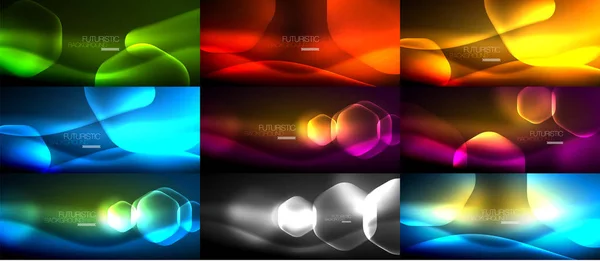 Set of abstract backgrounds - geometric neon glowing glass hexagons designs — Stock Vector