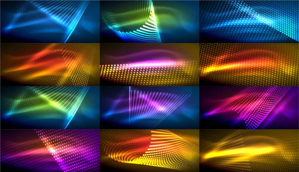 Set of hi-tech futuristic techno backgrounds, neon shapes, waves and lines — Stock Vector