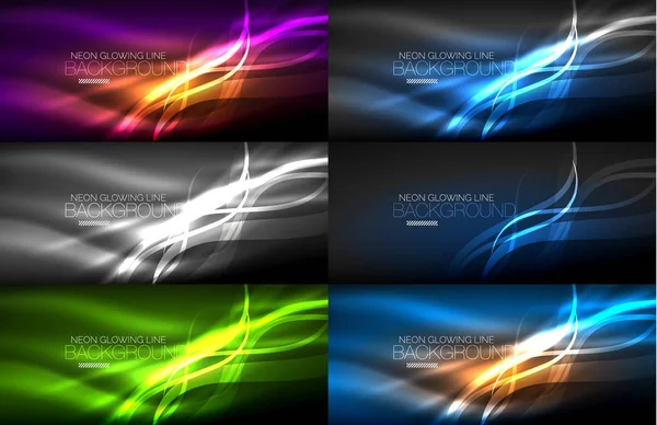 Ensemble d'ondes lumineuses lisses au néon dans les fonds sombres et abstraits — Image vectorielle
